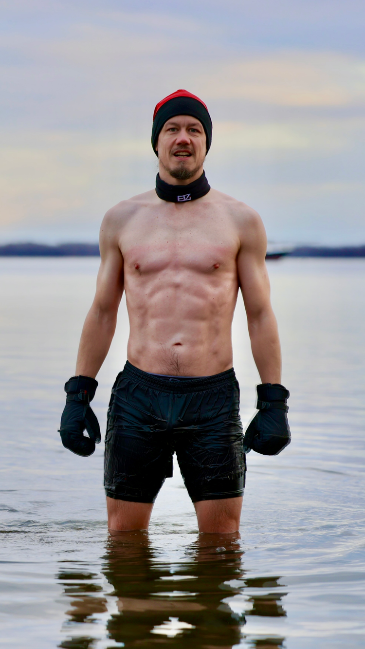 Jonathan Brunelle shows the effect of an icy cold plunge on January 1st at the first edition of the ELZi's Montreal Polar Bear Swim