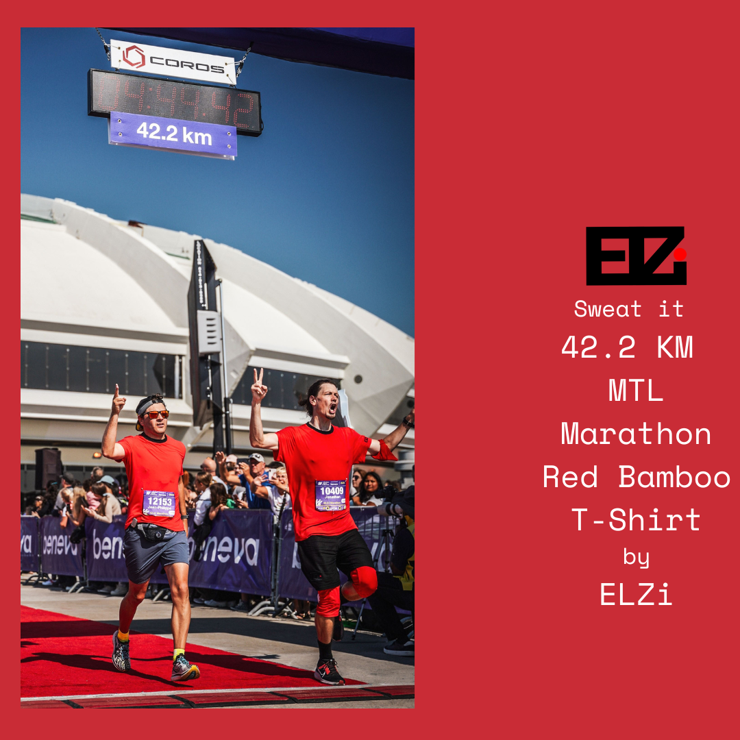 Jonathan Brunelle and JP Noel crossing the finish line of the 42.2 KM Marathon in front of the Olympic Stadium with the Red Bamboo Runner shirt by ELZi, Montreal Seamstress.