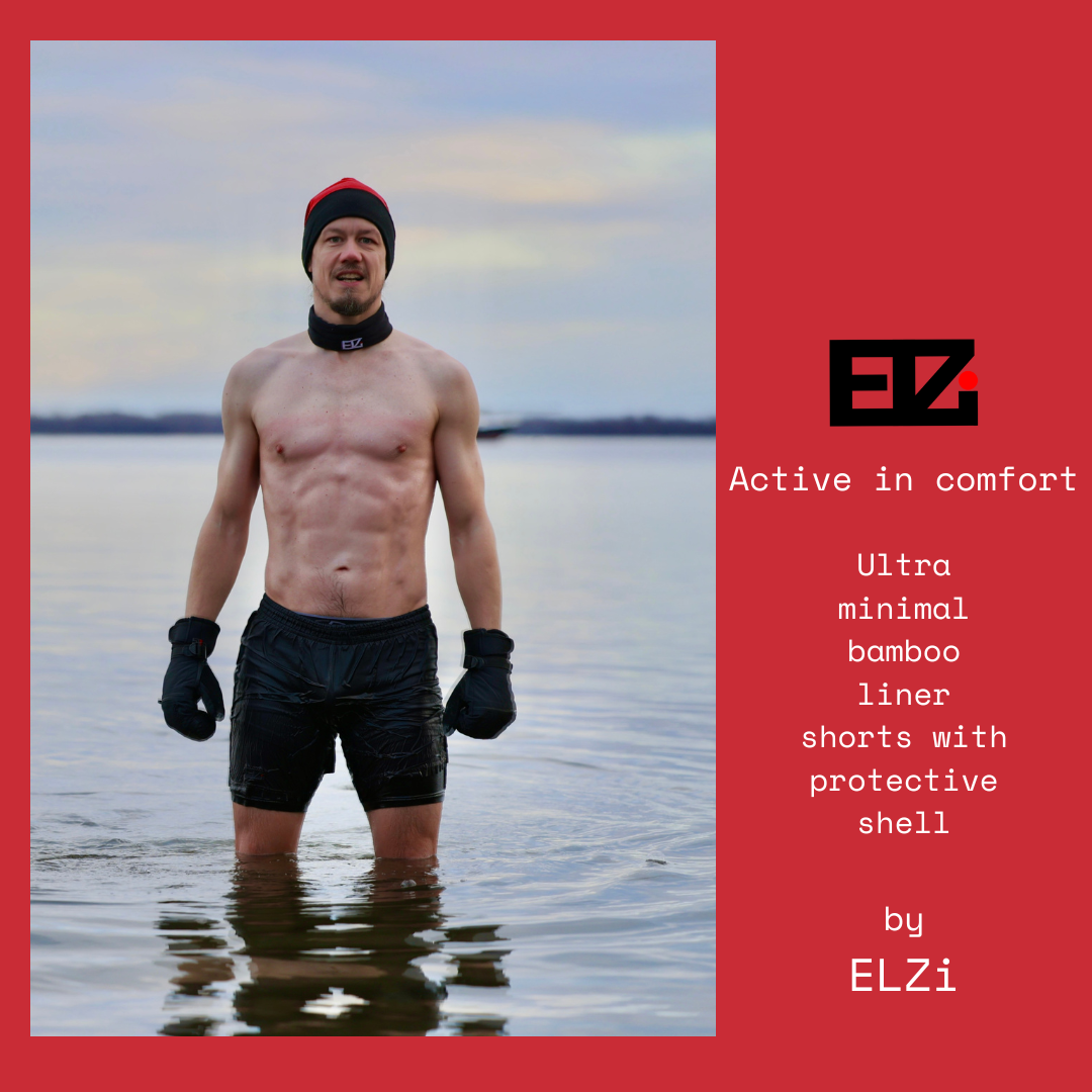 January First Polar Bear Cold Plunge in the St-Lawrence River by Jonathan Brunelle wearing the ELZi Minimal shorts with bamboo liner.