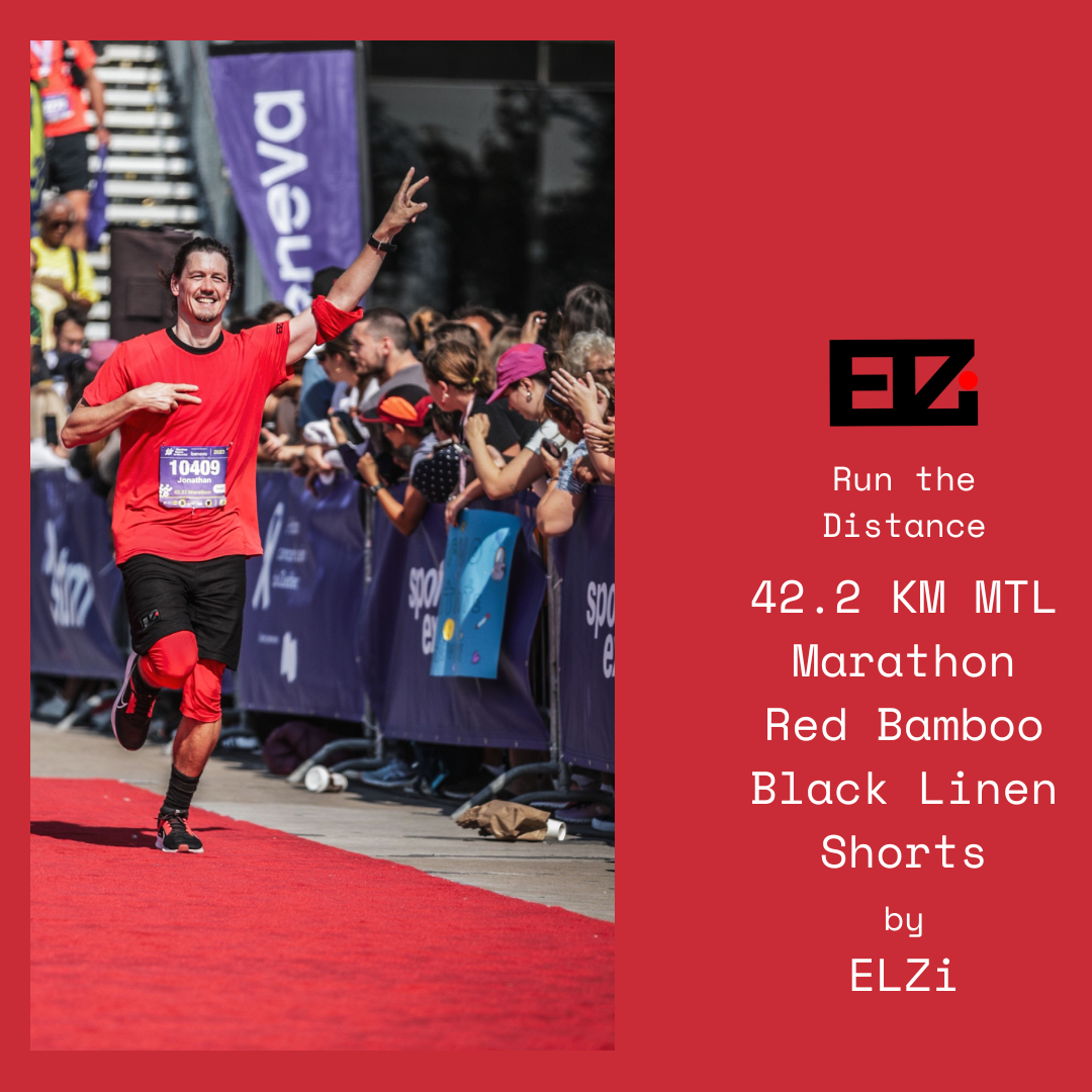 42.2 KM @mtlmarathon black linen shorts with red bamboo liner - ELZi Montreal Tailor