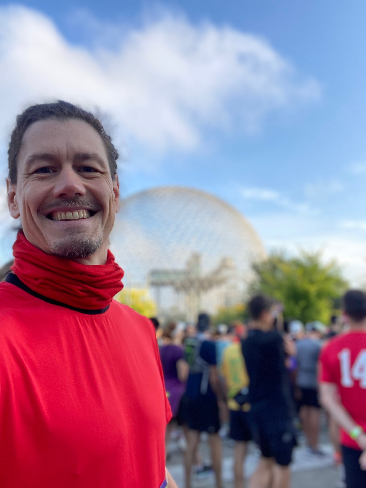 42.2 KM Marathon red merino buff in by ELZi Montreal seamstress