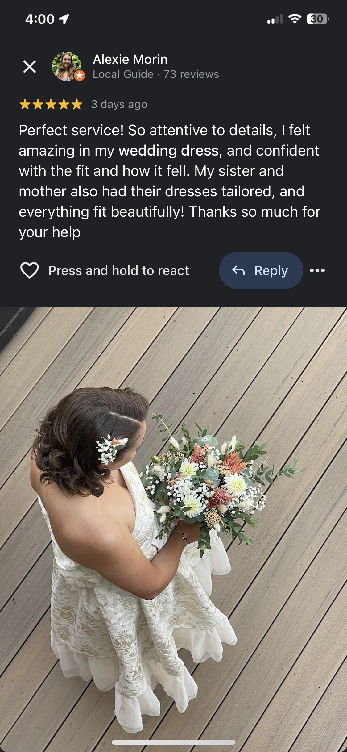 Read what our customers had to say about ELZi for wedding dress alterations in Montreal, on Google reviews
