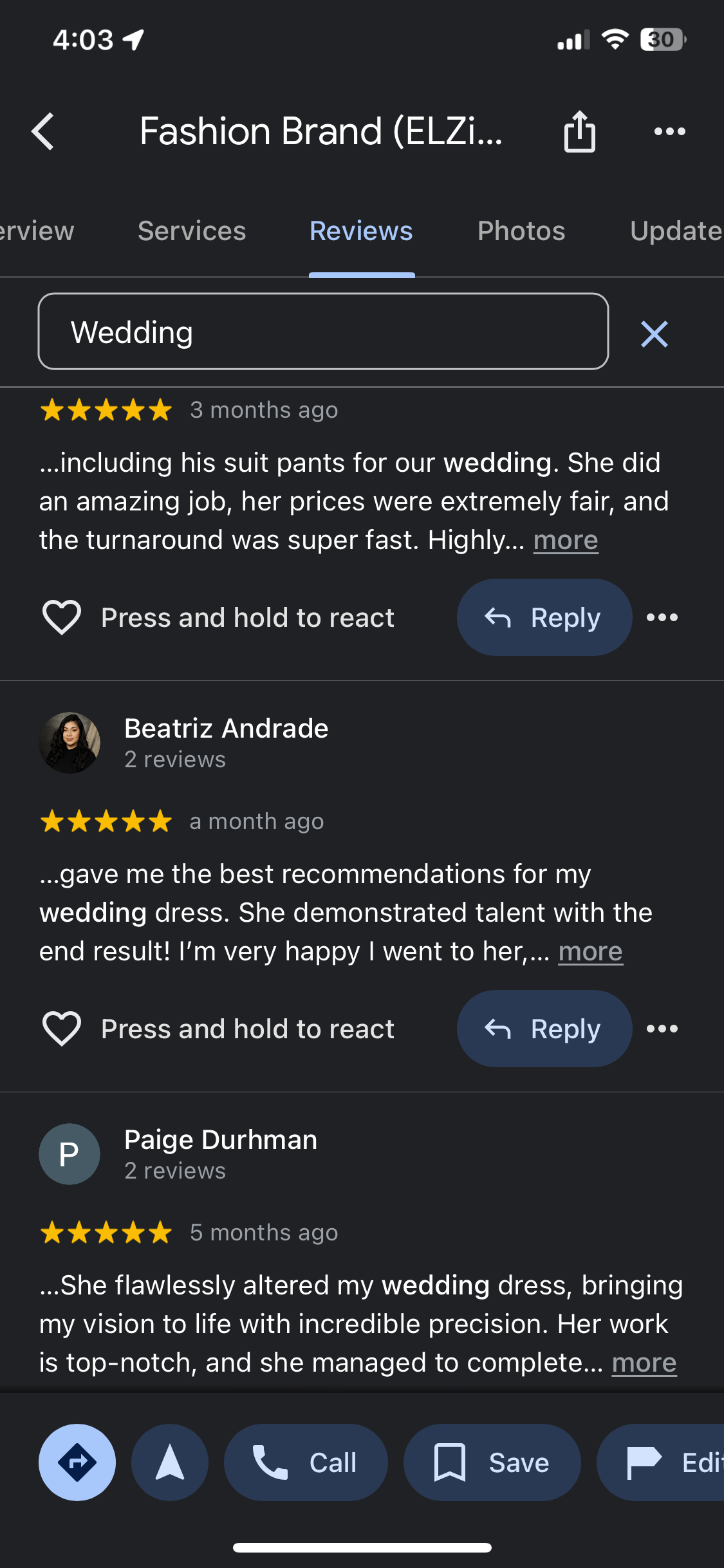 Read some more comments from our customers about ELZi' wedding dress alterations in Montreal, on Google reviews