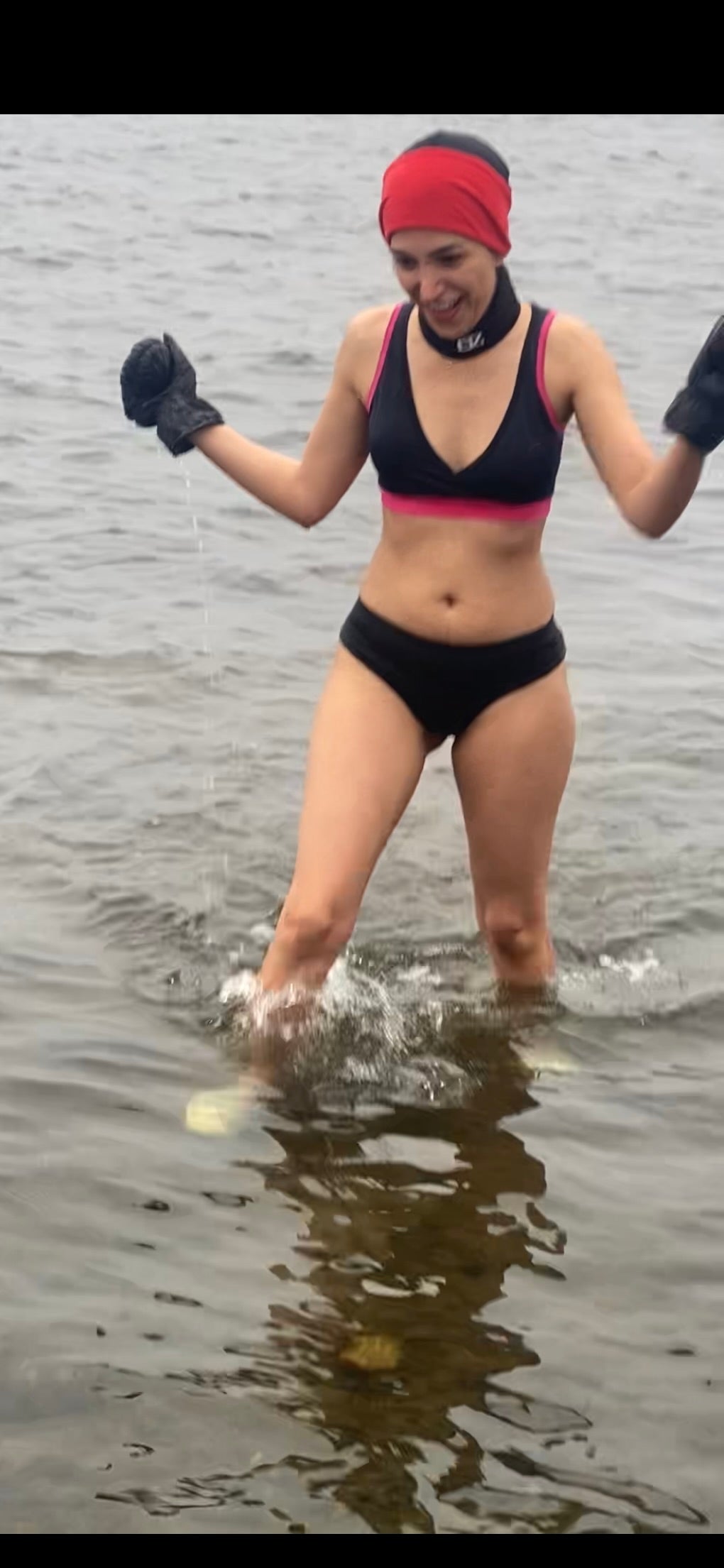 Smile and happiness after doing the cold plunge with the Merino Lingerie made by ELZi, Montreal Seamstress.