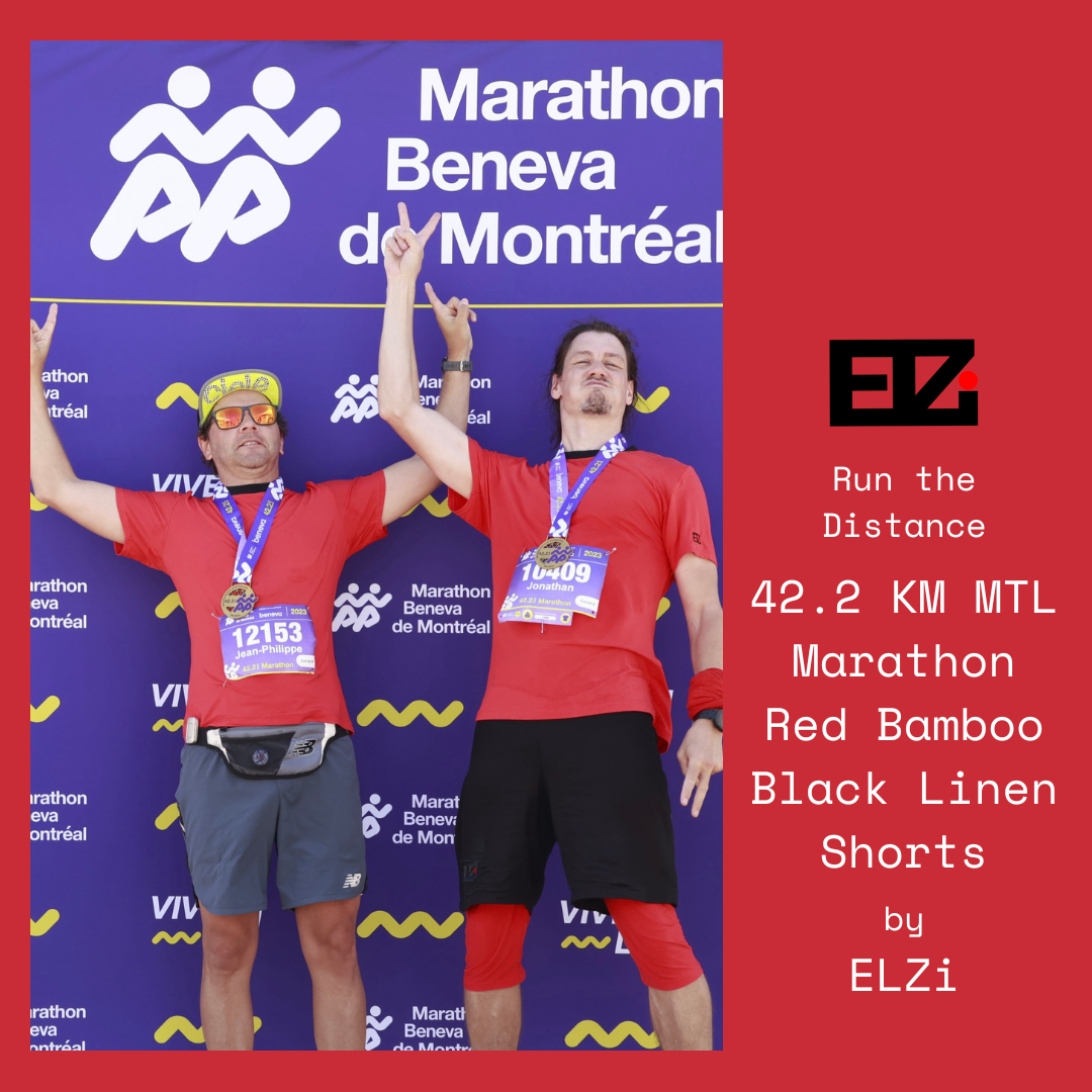 42.2 KM @mtlmarathon black linen shorts with red bamboo liner - ELZi Montreal Tailor