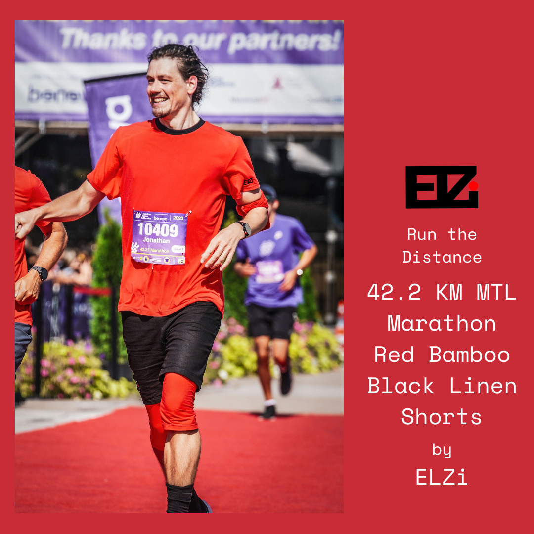 Black Linen and Red Bamboo liner Shorts. Shell made of linen and liner made from bamboo. Photo took at the red carpet finish line at the Montreal Marathon.