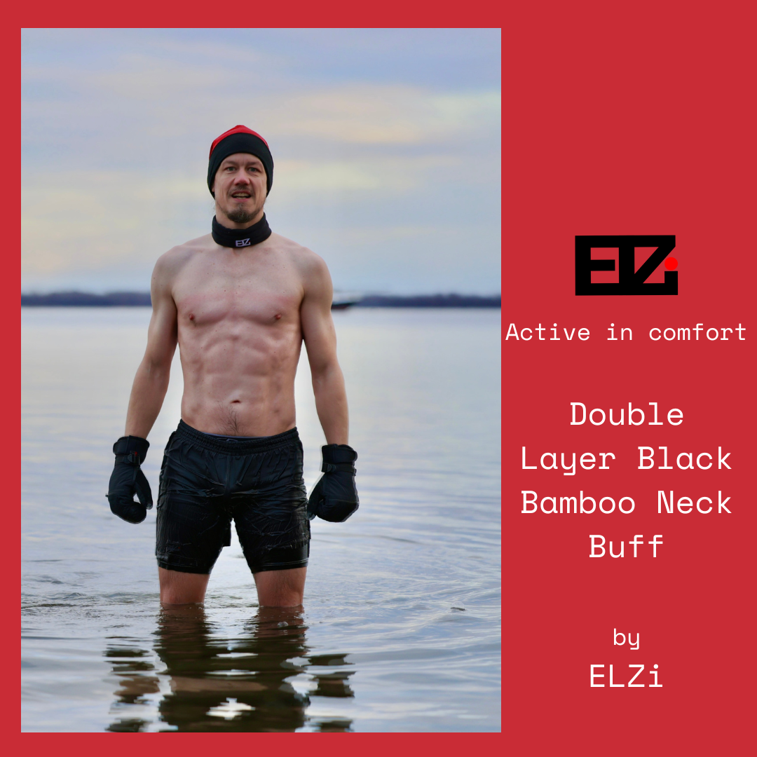 Jonathan Brunelle, Entraineur Personnel de course en hivers, lors d'un cold plunge, le 1er janvier 2024 . Il porte les shorts minimaliste de course, le cache-cou et la tuque de la Couturière de Montréal, ELZi.