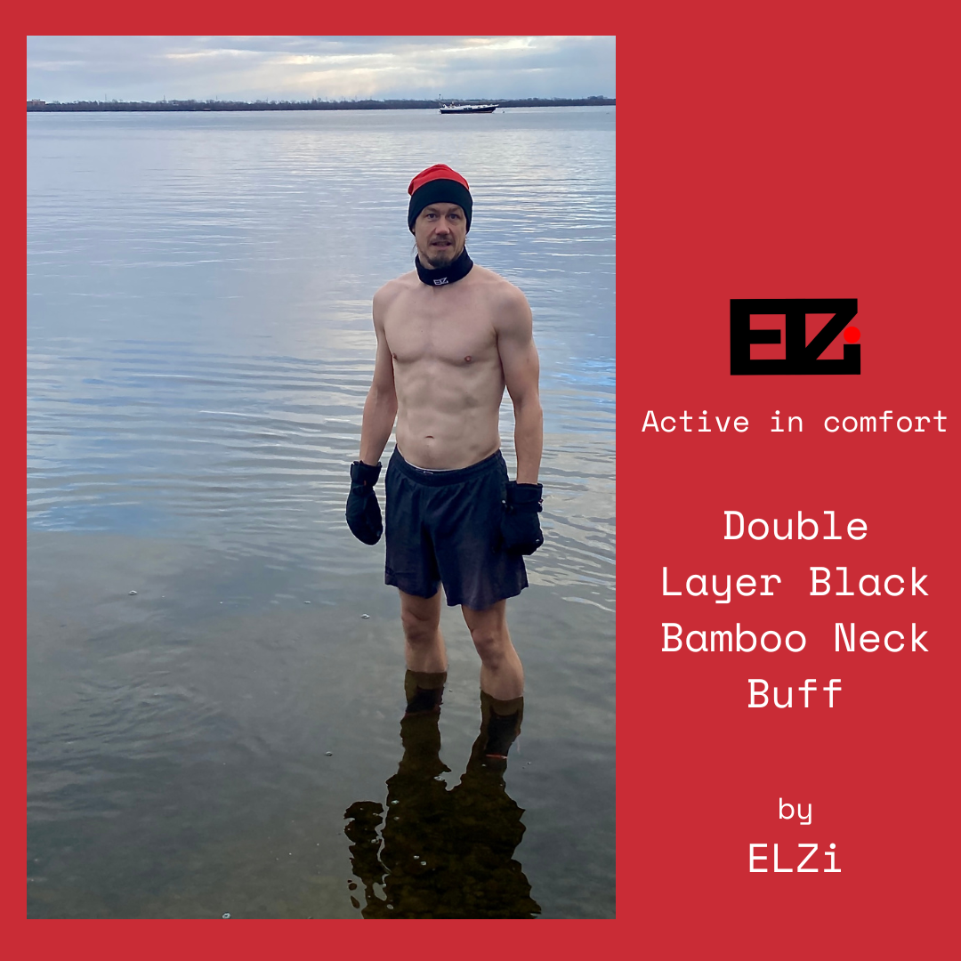 Jonathan Brunelle lors d'un cold plunge le 1er janvier 2024. Il porte le cache-cou en bambou soft touch par ELZi la couturière de Montréal.