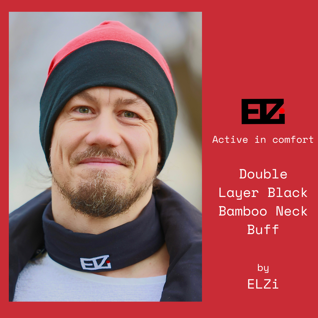 Jonathan wears the bamboo soft touch black neck warmer for his cold plunge to help regulate the temperature shock. The neck gaiter is made by ELZi the Montreal Seamstress.