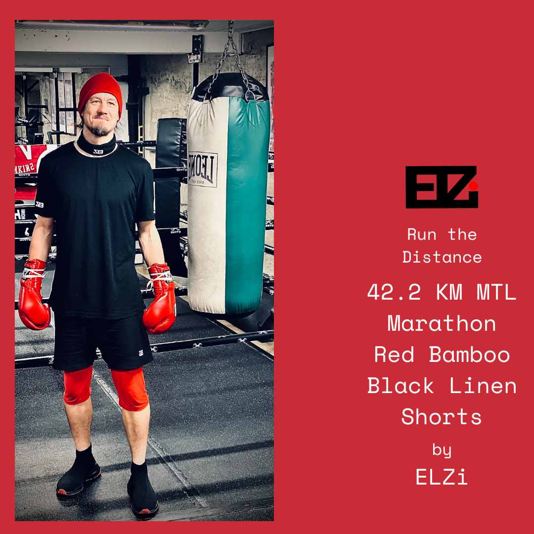 42.2 KM @mtlmarathon black linen shorts with red bamboo liner - ELZi Montreal Tailor