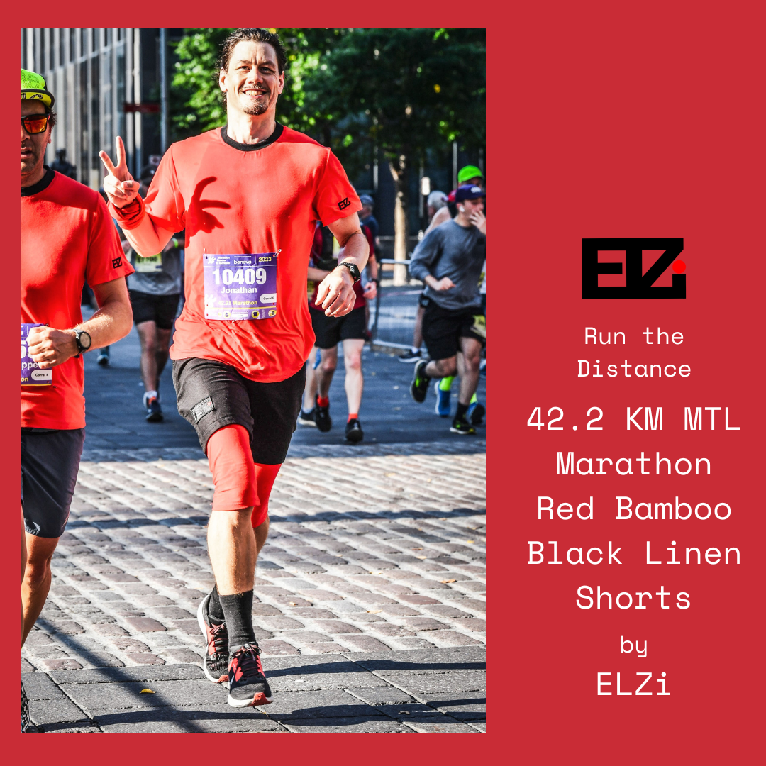 42.2 KM @mtlmarathon black linen shorts with red bamboo liner - ELZi Montreal Tailor
