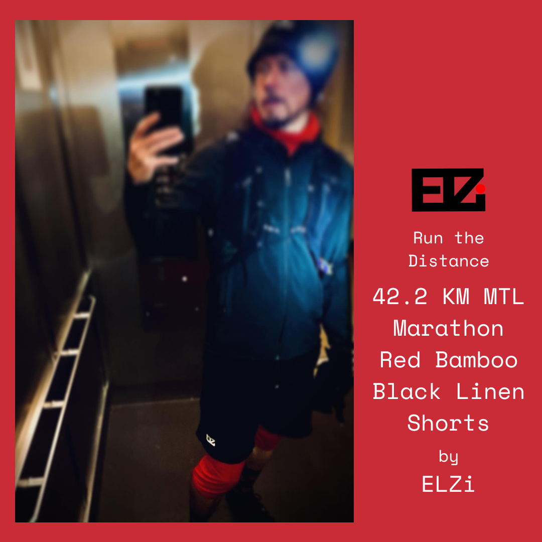 42.2 KM @mtlmarathon black linen shorts with red bamboo liner - ELZi Montreal Tailor