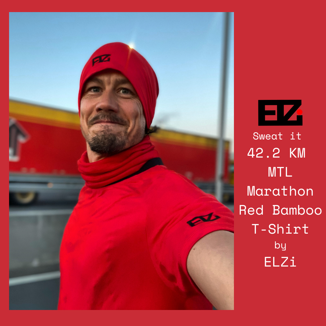 Jonathan Brunelle wears the 42.2 km Montreal Marathon Soft touch Red Bamboo t-shirt.