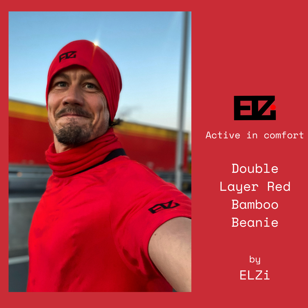 Jonathan Brunelle porte La Tuque en bambou rouge de ELZi, la couturière de Montréal.