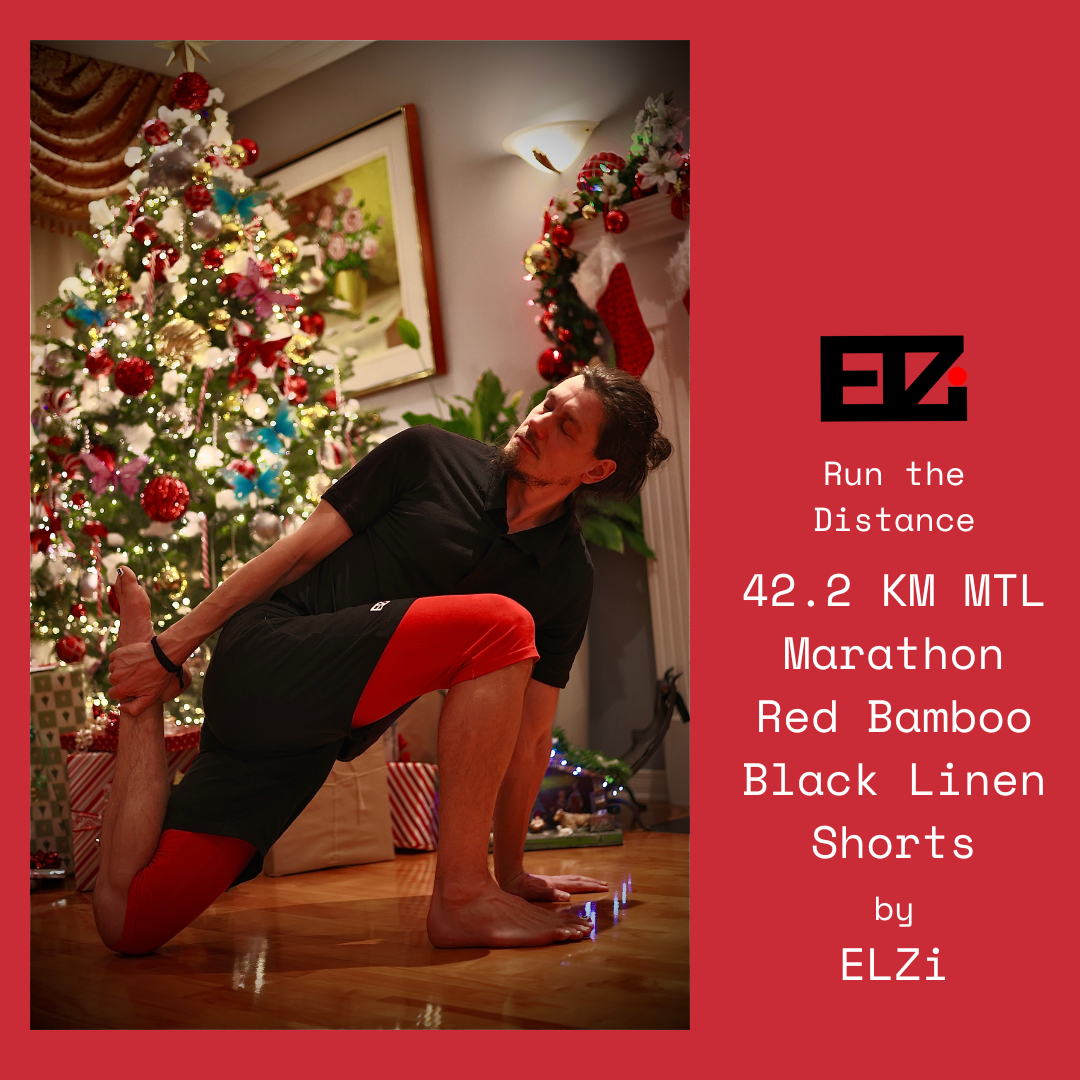 42.2 KM @mtlmarathon black linen shorts with red bamboo liner - ELZi Montreal Tailor