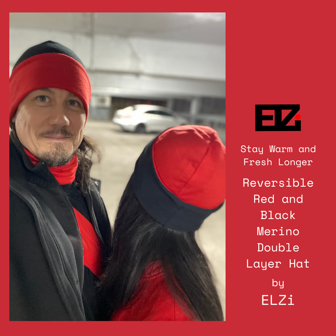 Red and Black Reversible Merino Hat by ELZi Montreal Seamstress.
Tuque réversible en laine merino rouge et noir.