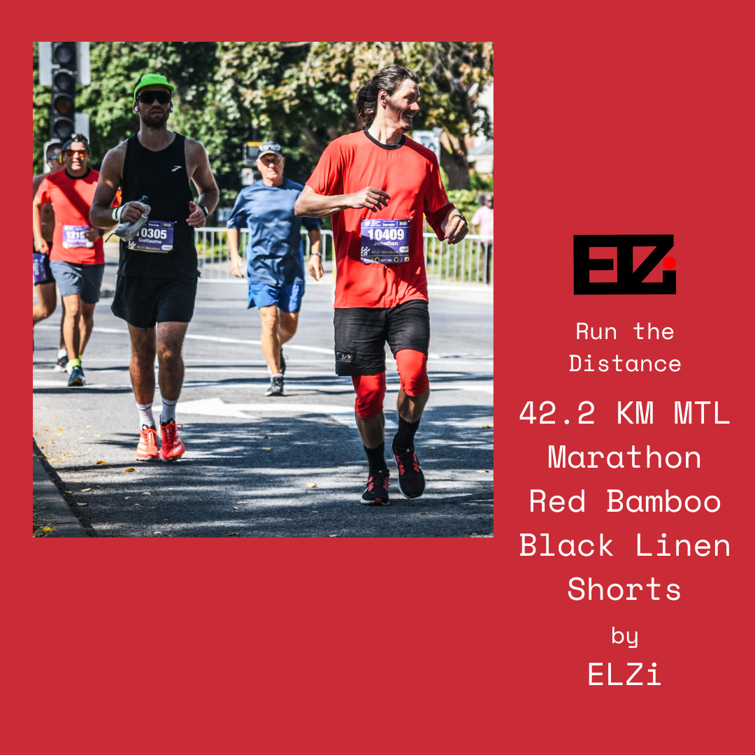 42.2 KM @mtlmarathon black linen shorts with red bamboo liner - ELZi Montreal Tailor