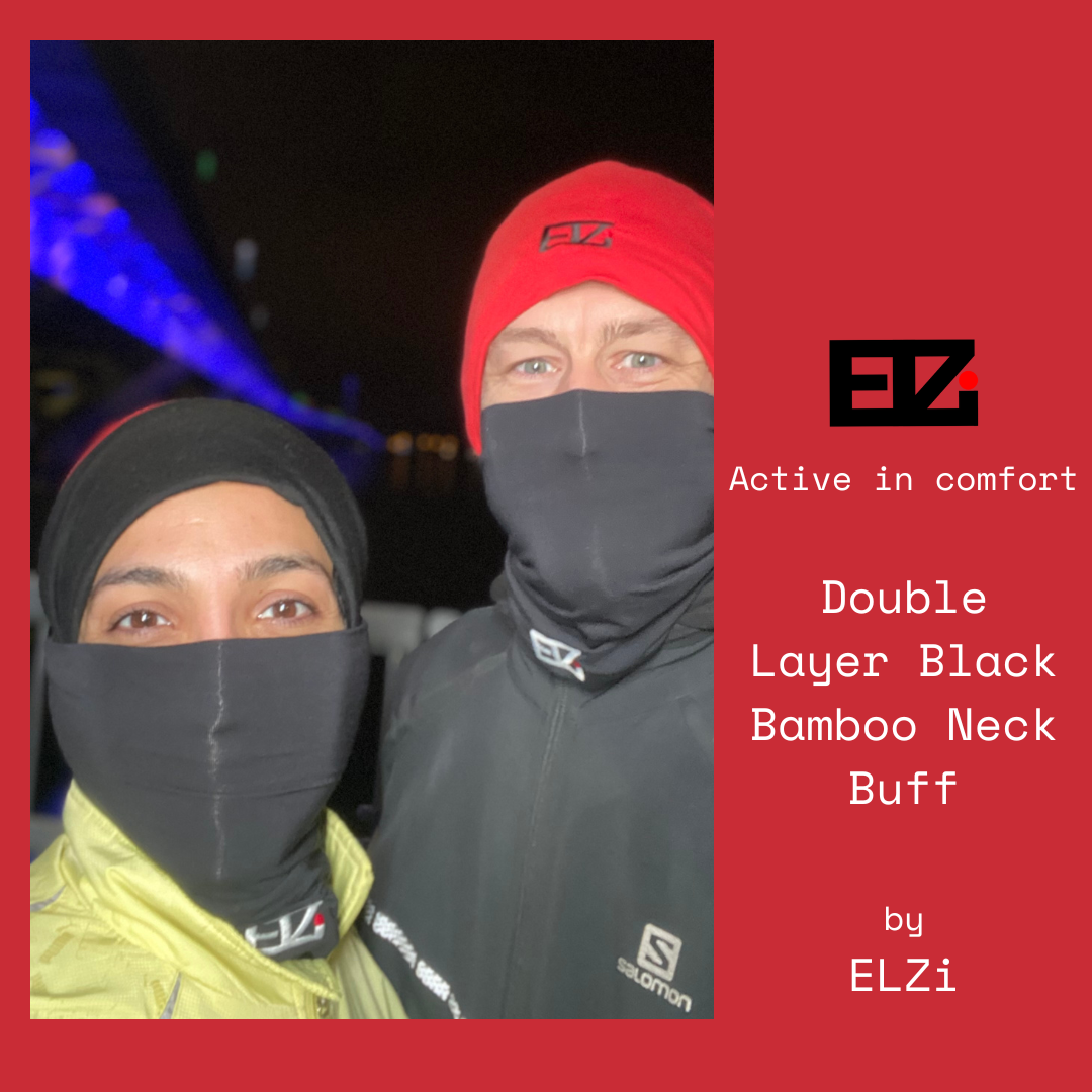 31 décembre 2023, Sanaz et Jonathan portent le cache-cou en bambou soft touch de ELZi la couturière à Montréal.
