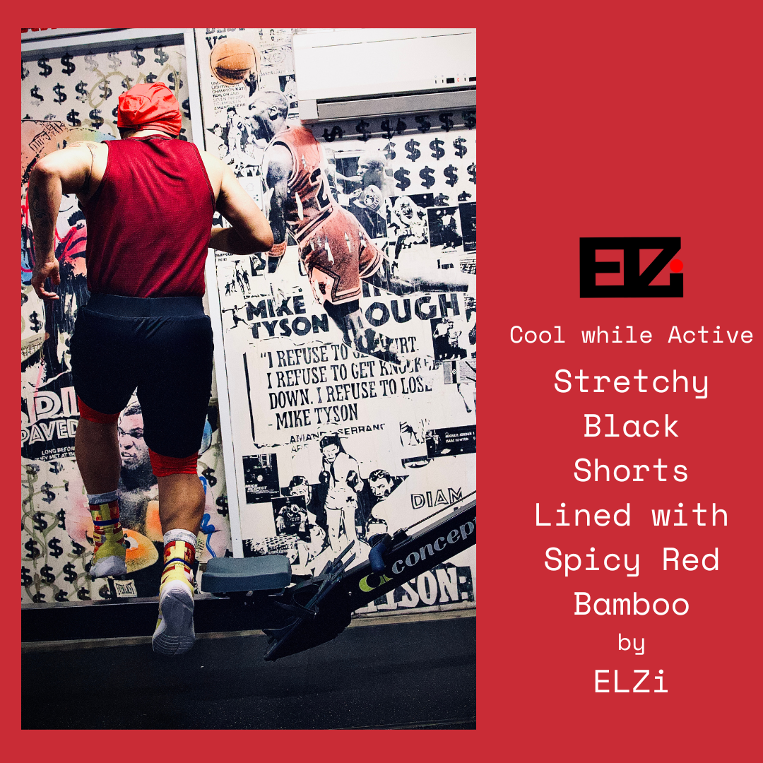 Counterback Studio backdrop of Michael Jordan dunking with our model doing a great jump with the ELZi Stretchy Black Shorts lined with Spicy red bamboo.