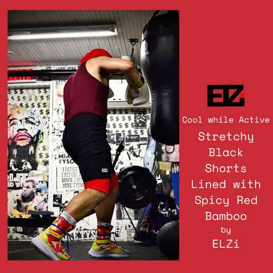 Stretchy Black Shorts with Spicy red liner by ELZi, Montreal Seamstress.
