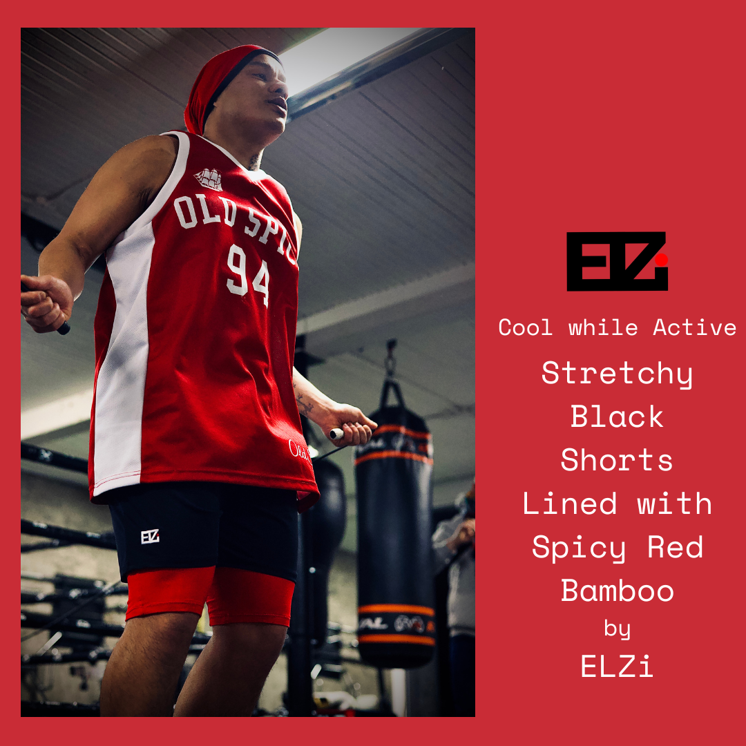 Skipping Rope at counter back studio 5335A Sherbrooke West with the ELZi Stretchy Black Shorts with spicy red bamboo liner and an old spice jersey.