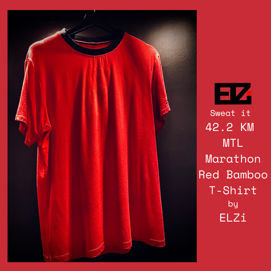42.2 km MTL Marathon Red Bamboo Running Shirt. Front View
