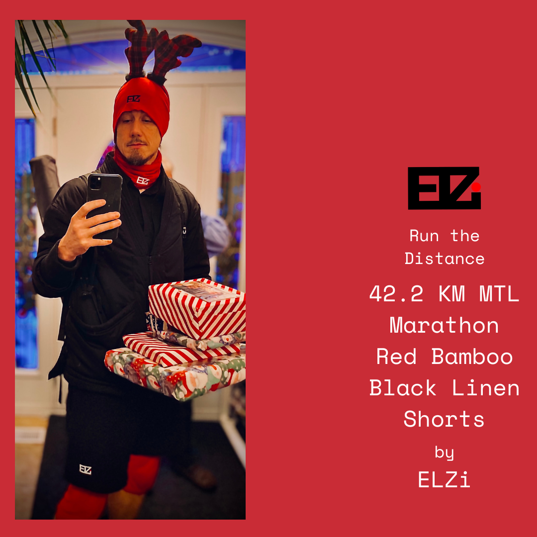 42.2 KM @mtlmarathon black linen shorts with red bamboo liner - ELZi Montreal Tailor