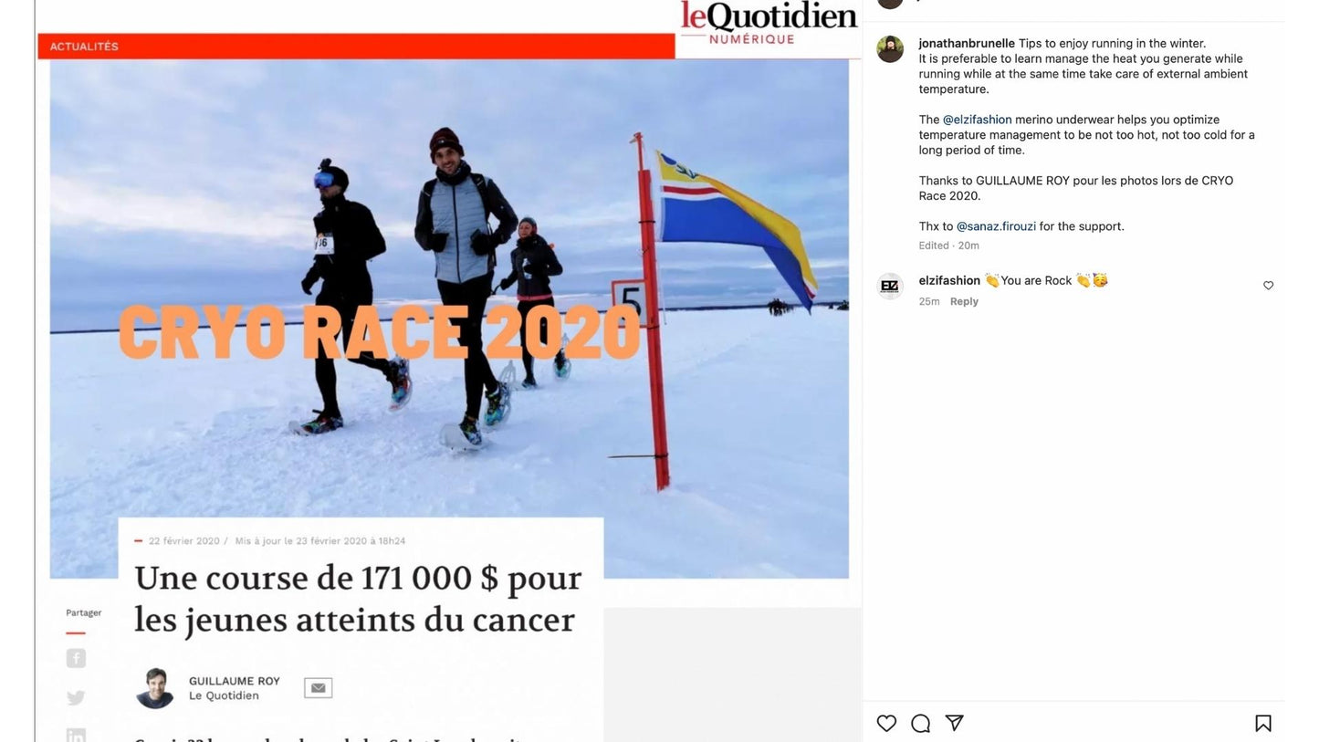Course Cryo 2020 Lact St-Jean avec Jonathan Brunelle qui porte des sous vêtements ELZI.ca en laine Merino.