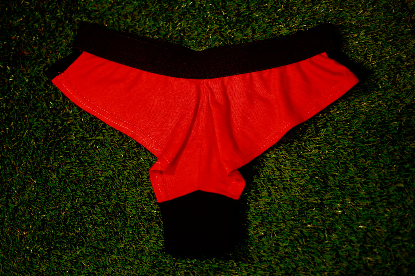 Black Front and Red Back Merino Lingerie Back View. Women's underwear made of wool by ELZi, Montreal Seamstress.
