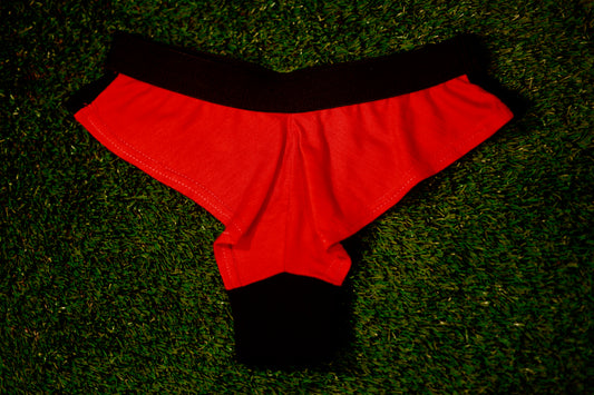 Black Front and Red Back Merino Lingerie Back View. Women's underwear made of wool by ELZi, Montreal Seamstress.