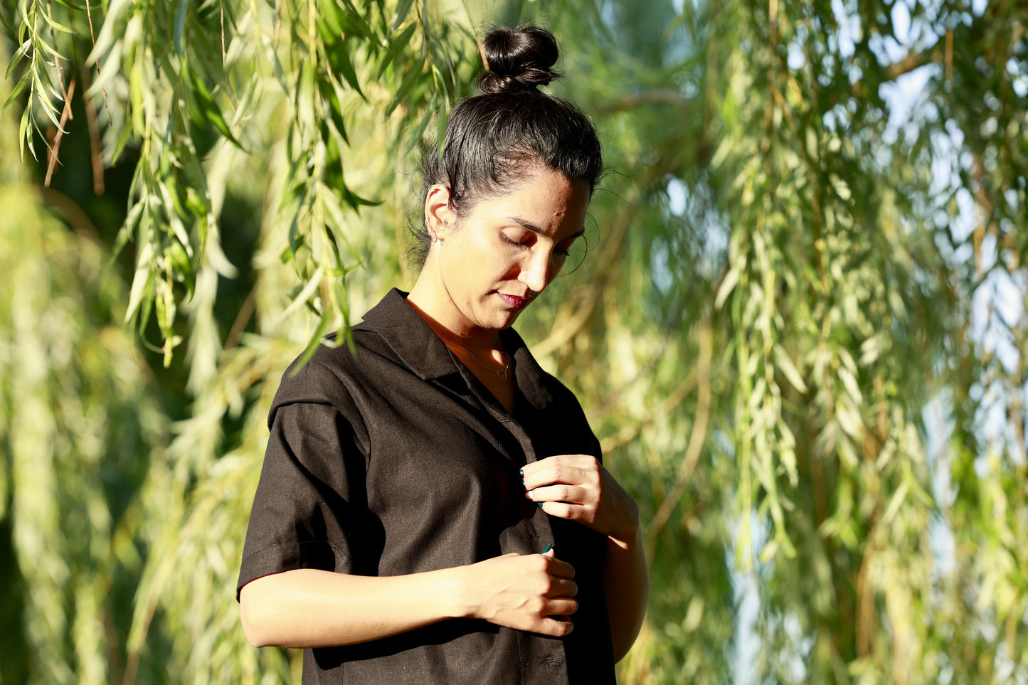 Black Linen Shirt Side Front View