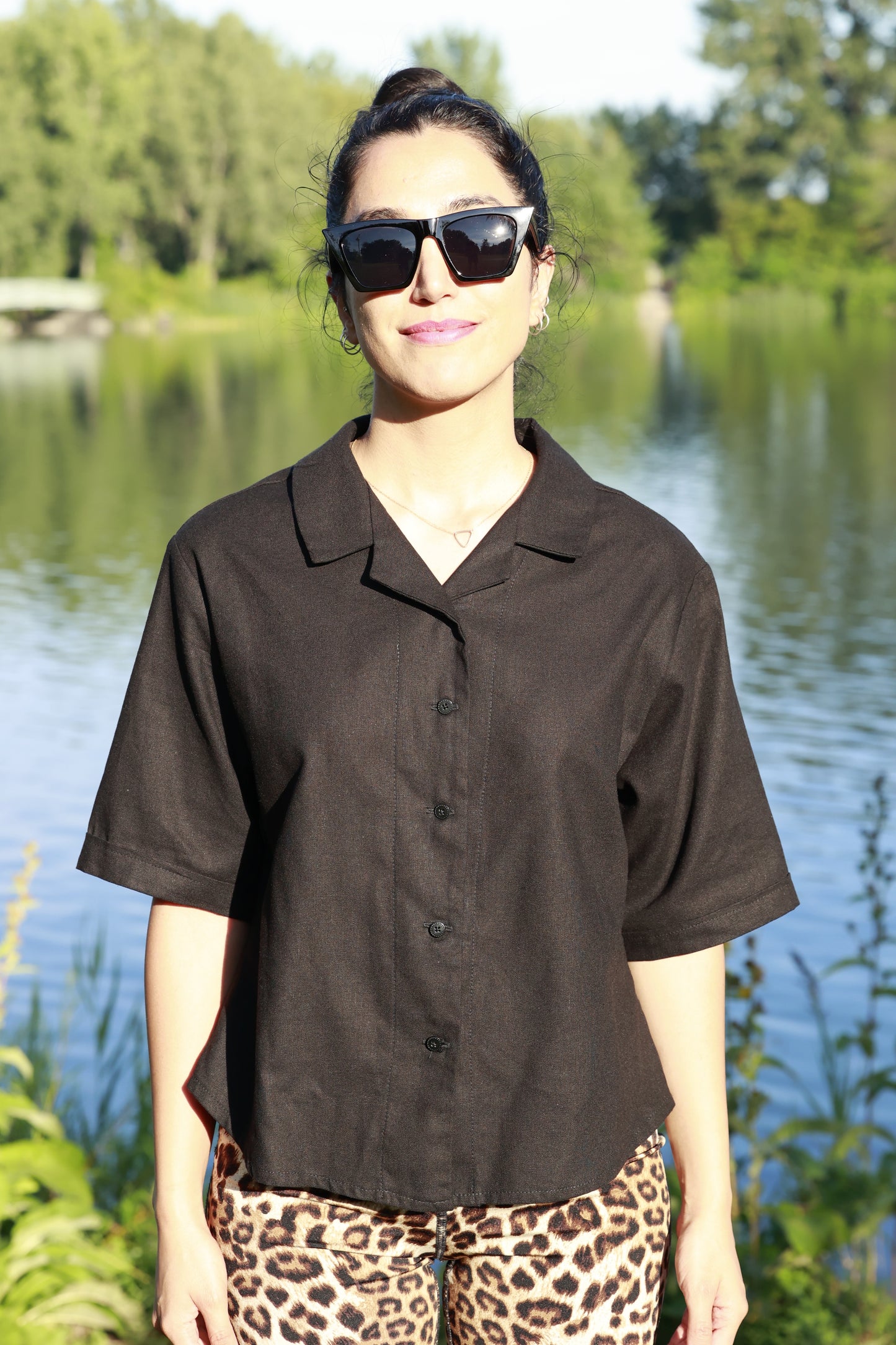 Great Lake -I Black Linen Blouse Shirt with  Short Sleeves