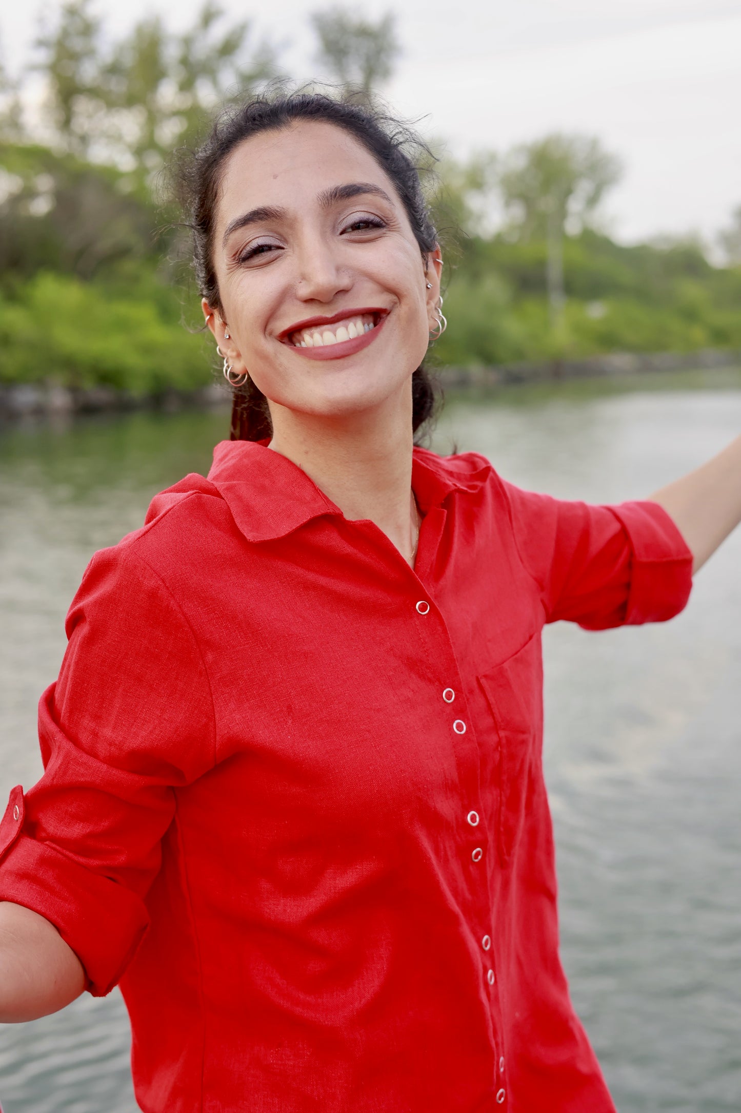 Long Sleeve Red Linen Shirt by ELZI.ca worn by Sanaz Firouzi.