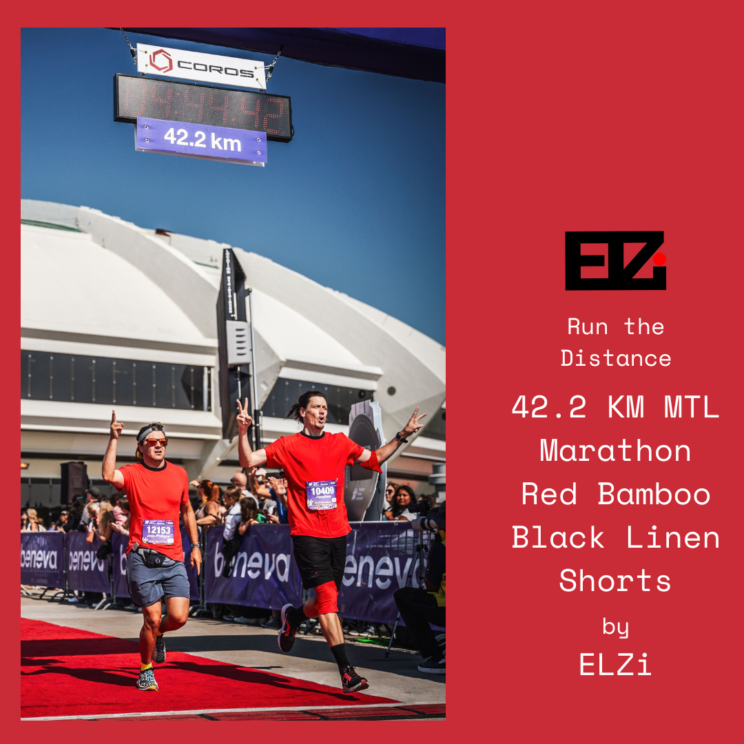 Jonathan and Jean-Philippe crossing finish line of 42.2KM MTL Marathon Red Bamboo Black Linen Shorts by ELZi