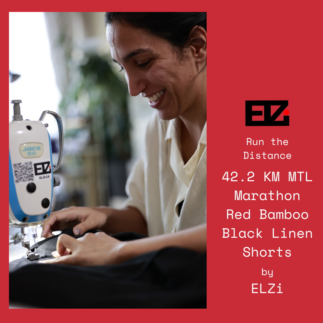 Sanaz Firouzi crafting the 42.2 KM MTL Marathon Red Bamboo Black Linen Shorts by ELZi
