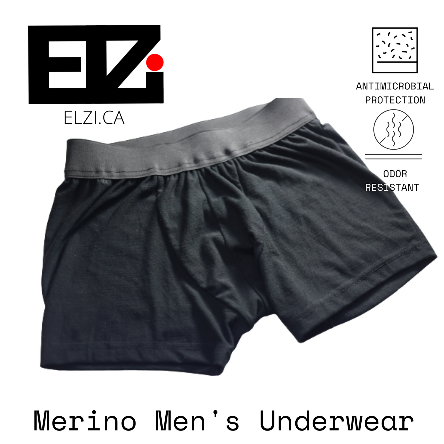 ELZI Black Merino Boxer Homme avec Large Élastique Gris