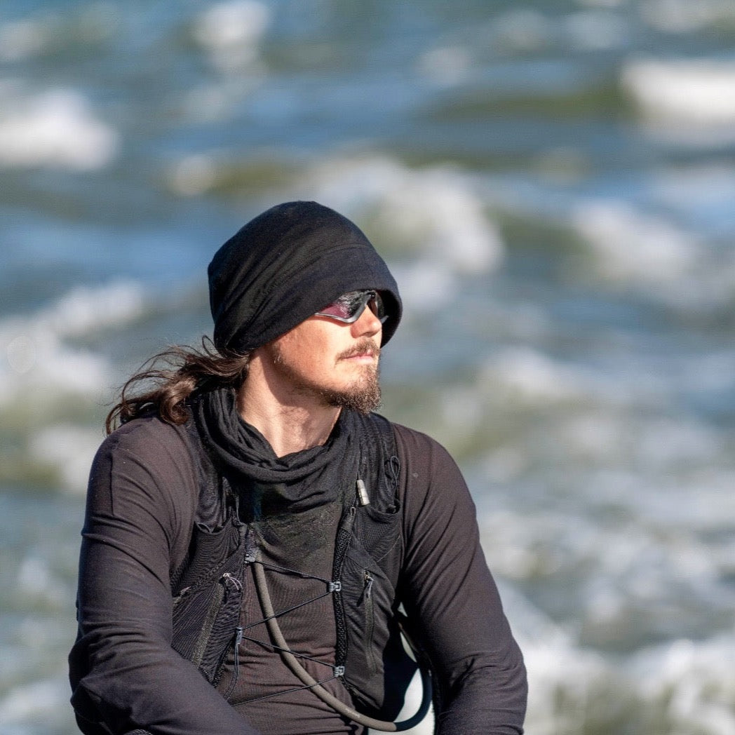 ELZI Whitewater Merino Liner hat for sports and bushcraft. Model is Jonathan Brunelle. Photo by Bouba Coly.