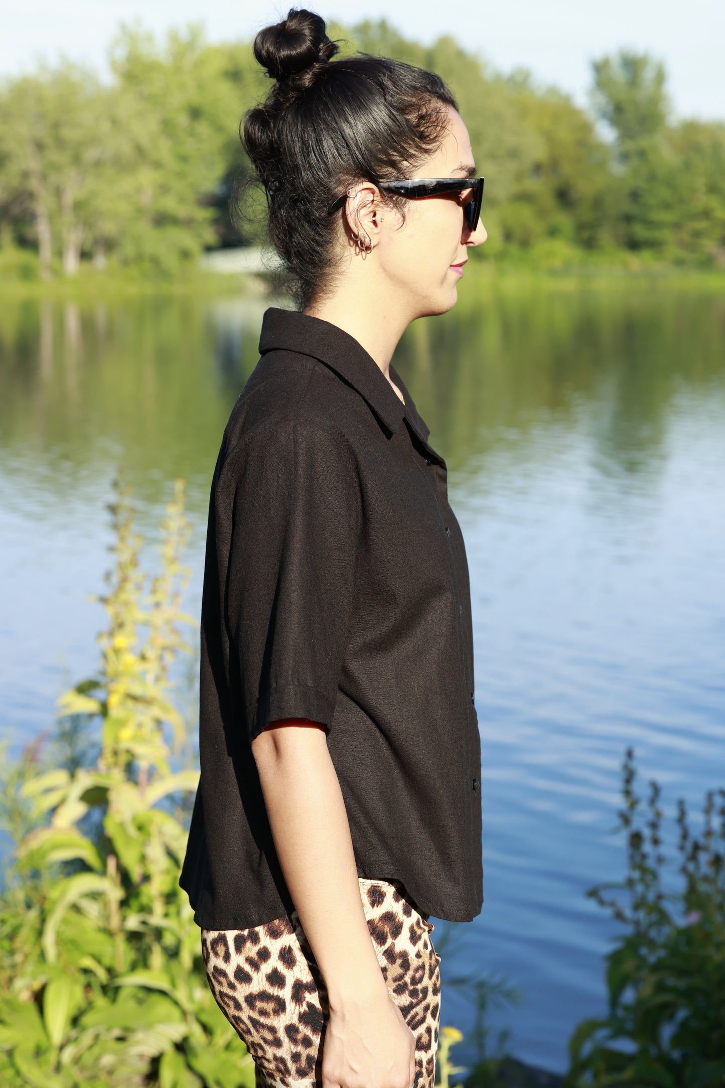 Great Lake -I Black Linen Blouse Shirt with  Short Sleeves
