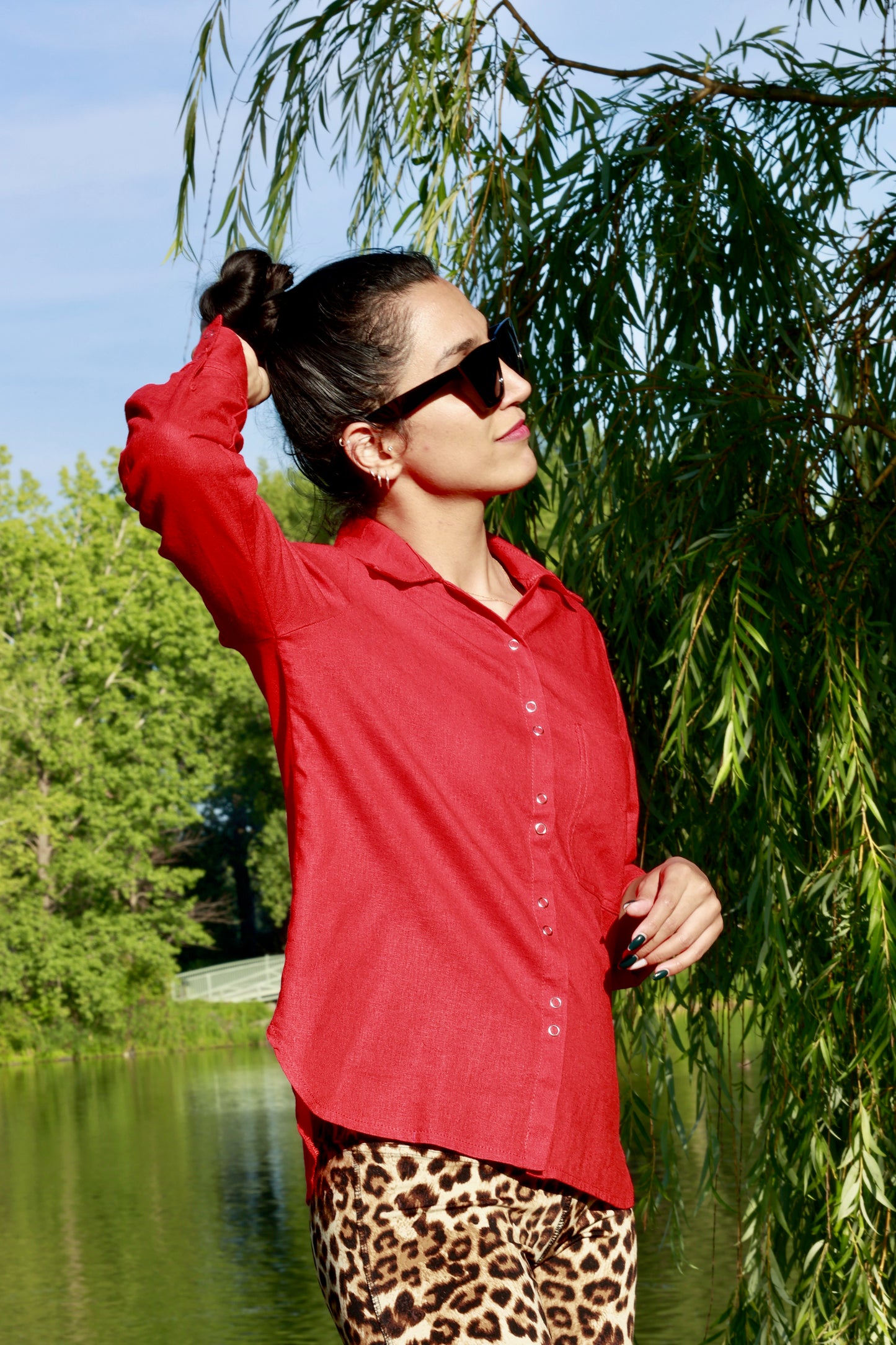 Red Linen Blouse Shirt with Buttons and Full Sleeves -Akako blouse