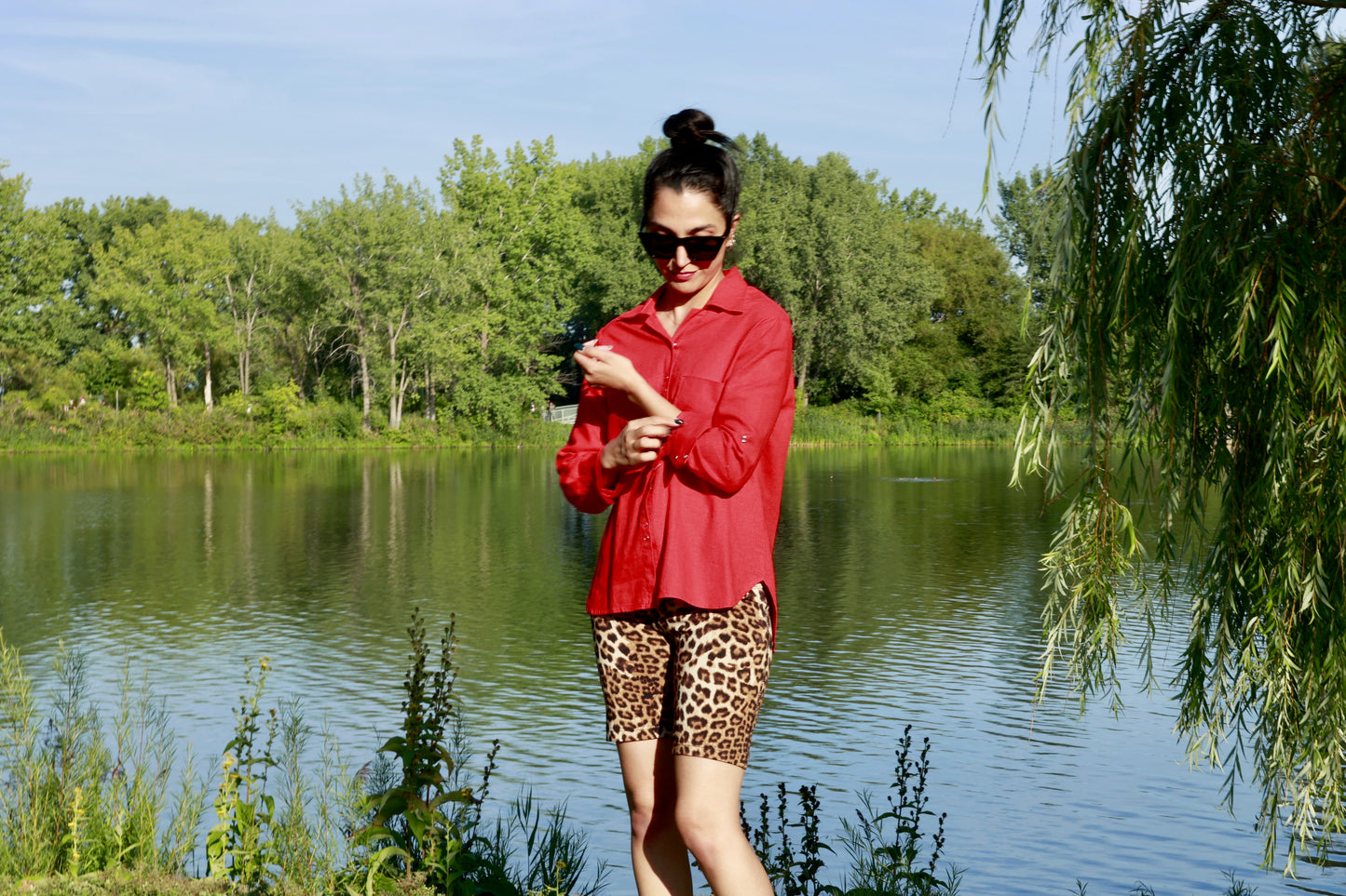 Red Linen Blouse Shirt with Buttons and Full Sleeves -Akako blouse