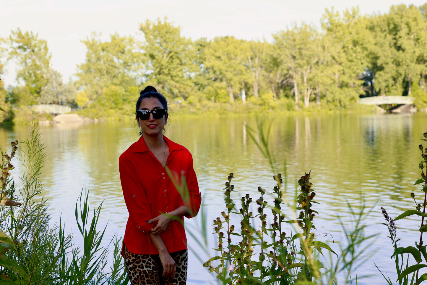 Red Linen Blouse Shirt with Buttons and Full Sleeves -Akako blouse