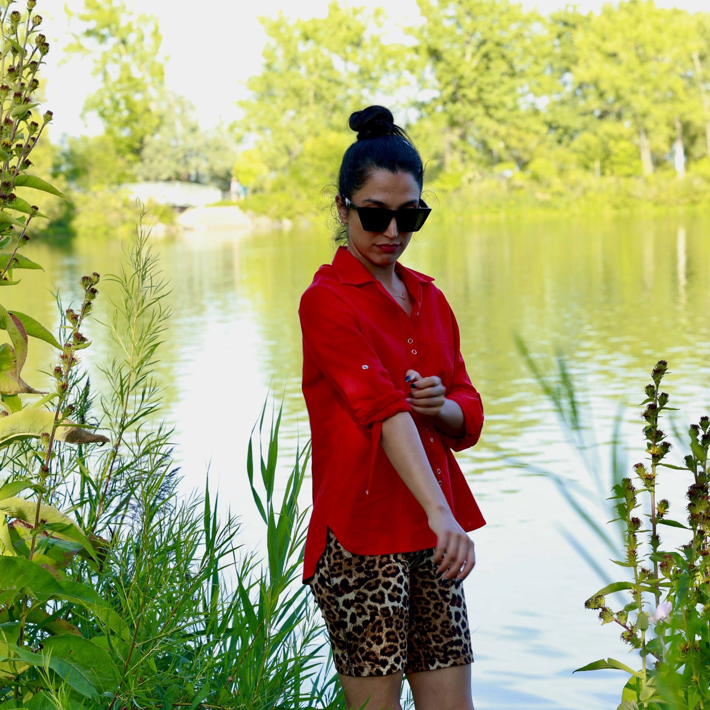 Red Linen Blouse Shirt with Buttons and Full Sleeves -Akako blouse