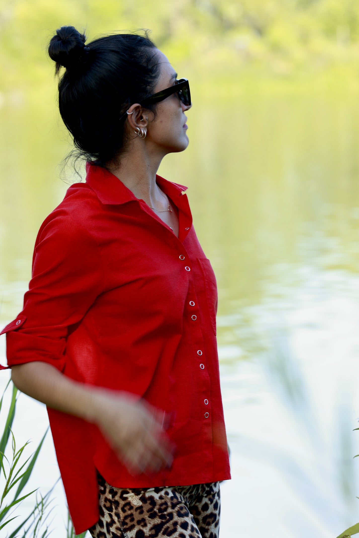 Red Linen Blouse Shirt with Buttons and Full Sleeves -Akako blouse